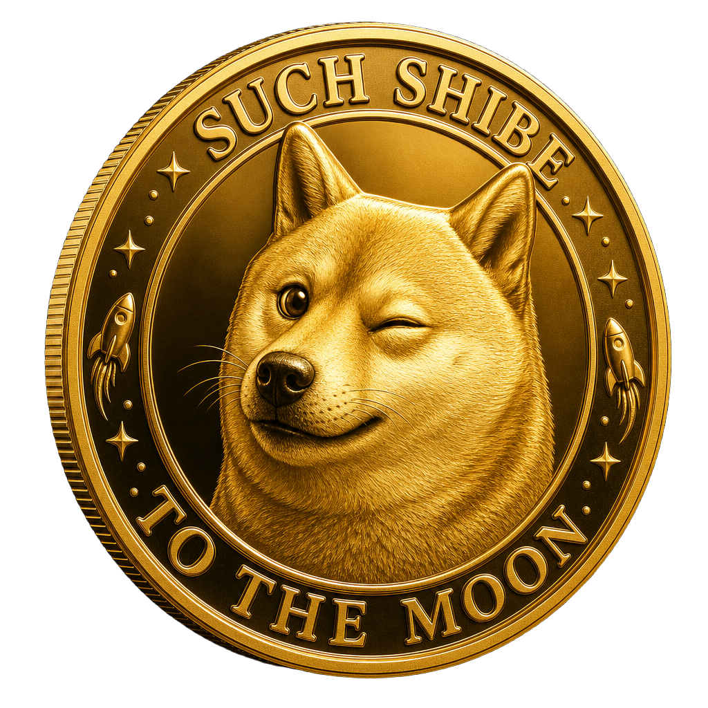 刻有 such shibe to the moon 的金色眨眼柴犬硬币